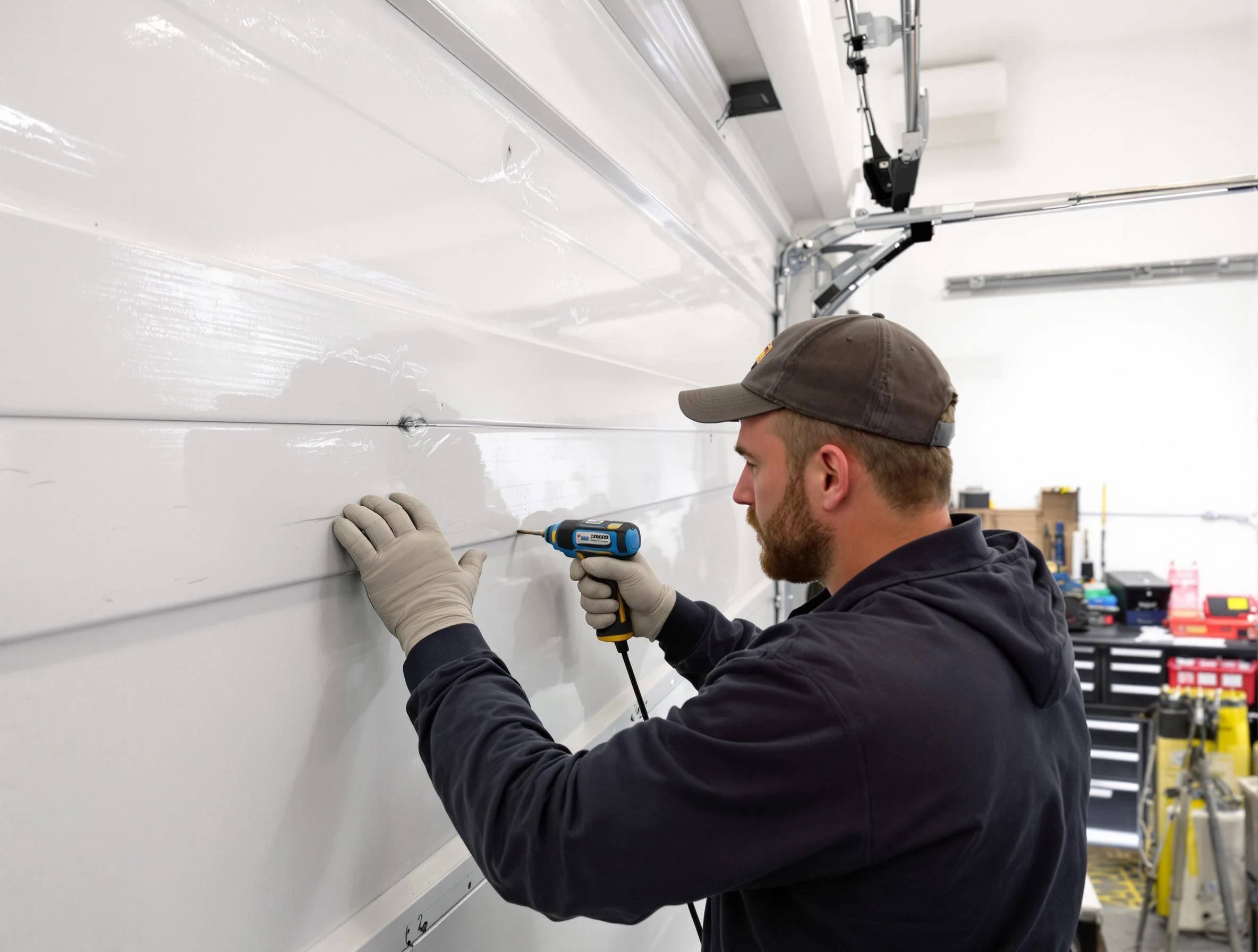 Avondale Estates Garage Door Repair technician demonstrating precision dent removal techniques on a Avondale Estates garage door